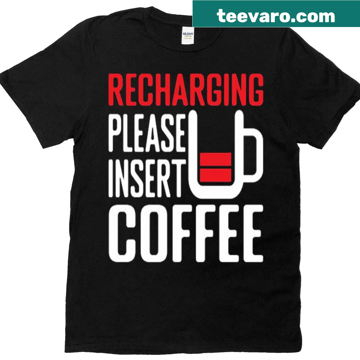 Funny t-shirt with the phrase 'Recharging Please Insert Coffee.' — on a men's t-shirt
