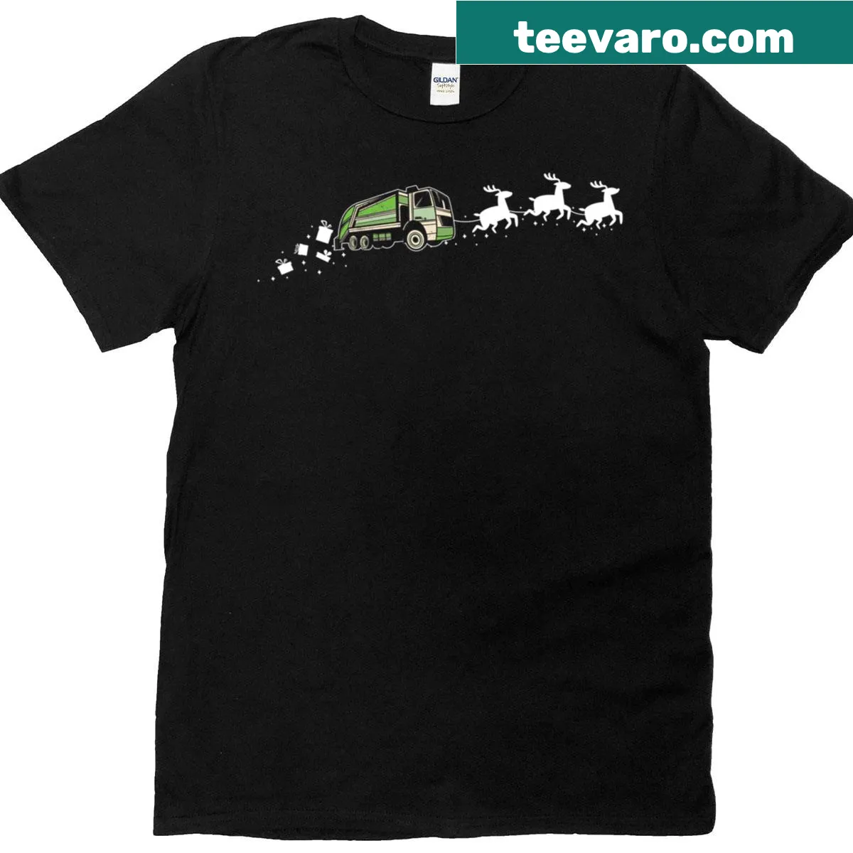 Whimsical Santa in a recycling truck Christmas t-shirt — on a men's t-shirt