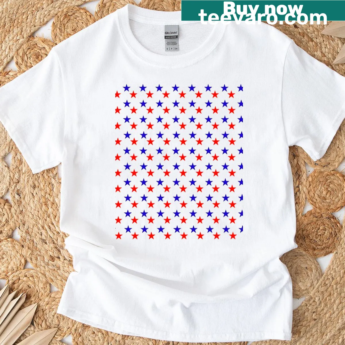 T-shirt featuring a pattern of red and blue stars — on a men's t-shirt
