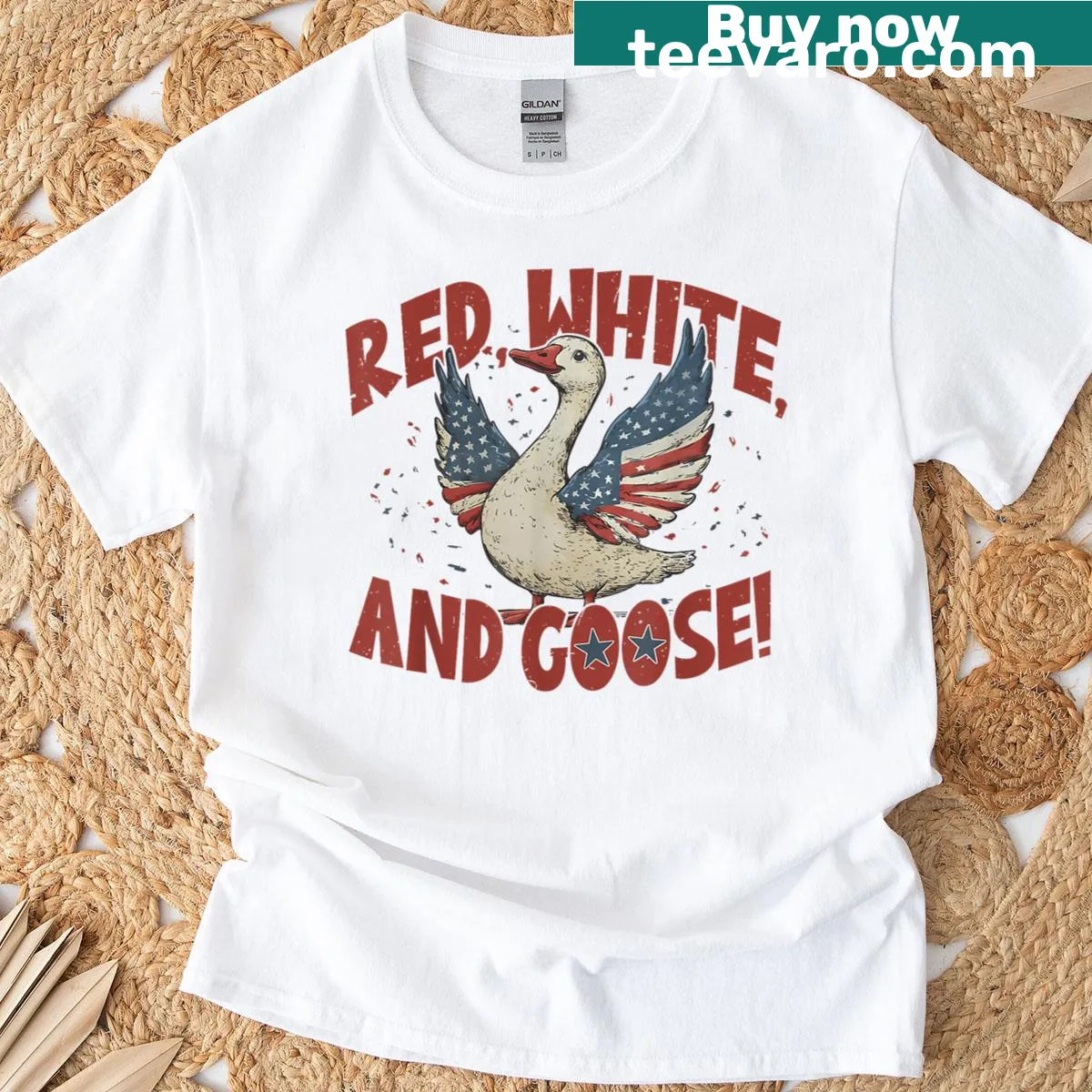Retro design of a goose celebrating the Fourth of July on a t-shirt — on a men's t-shirt