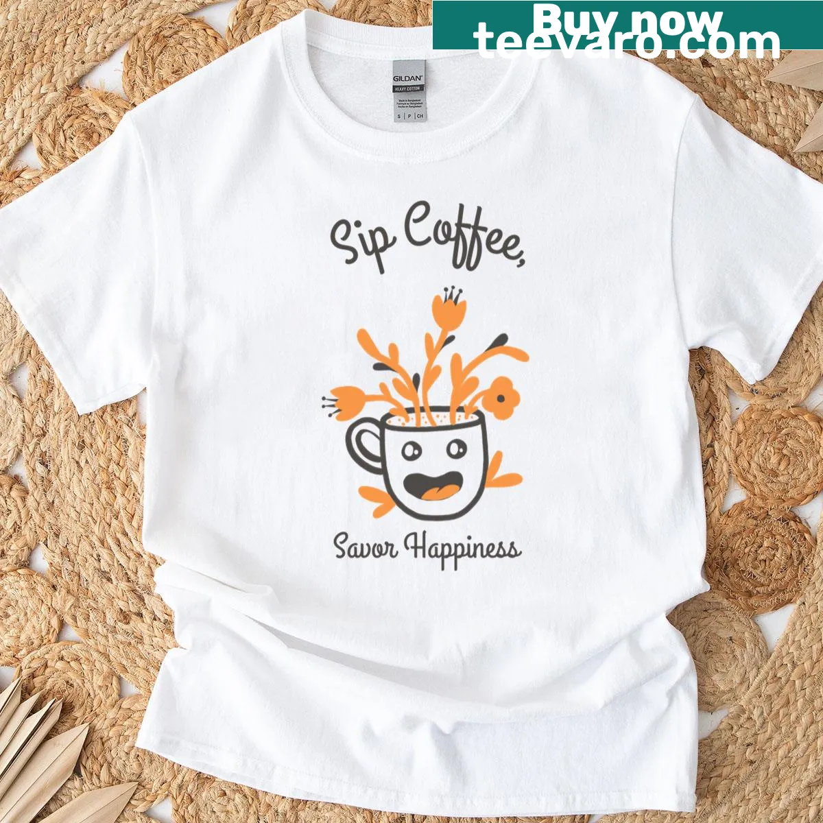 Cheerful t-shirt with 'Sip Coffee Savor Happiness' text — on a men's t-shirt