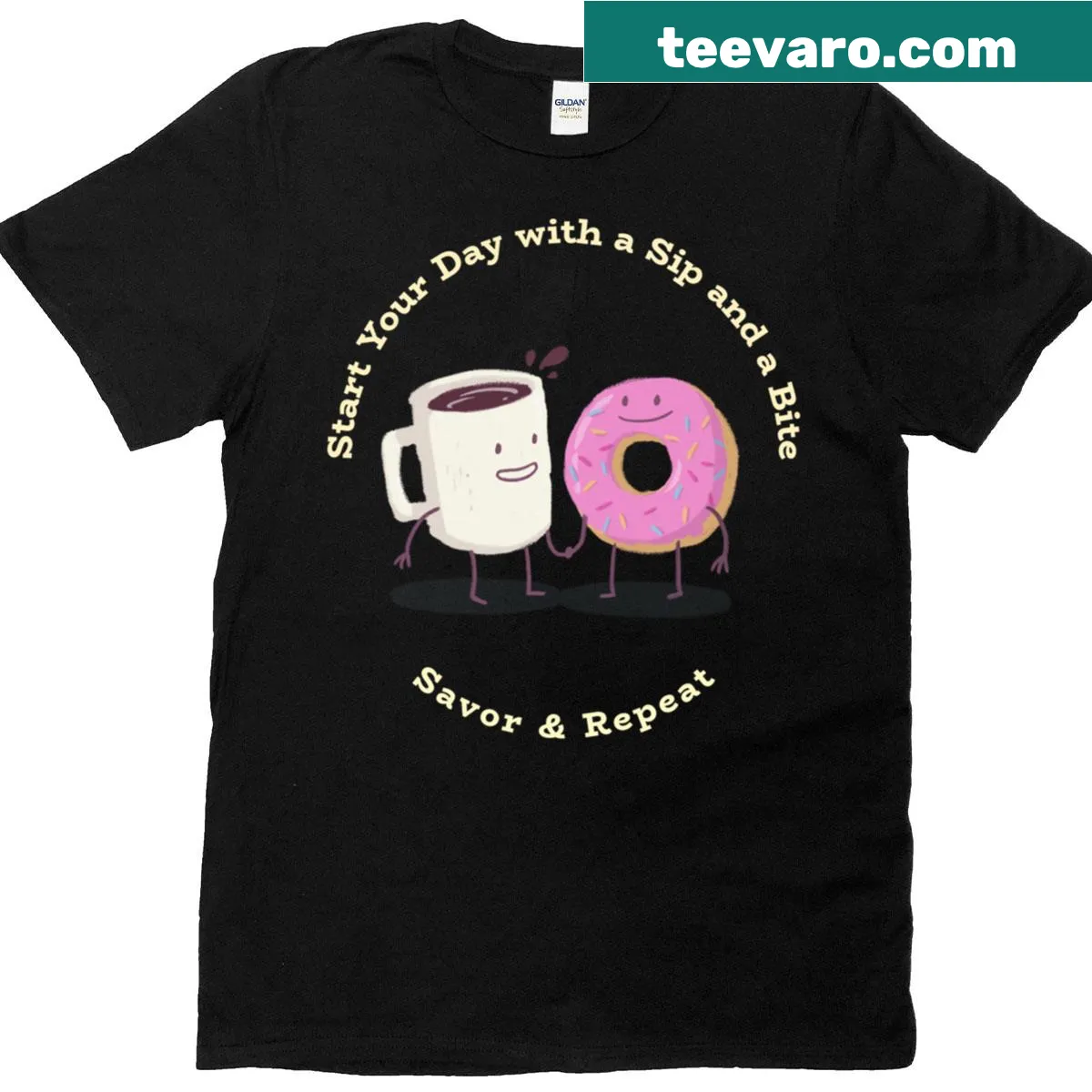 Illustration of coffee cup and bite with savor amp repeat slogan — on a men's t-shirt