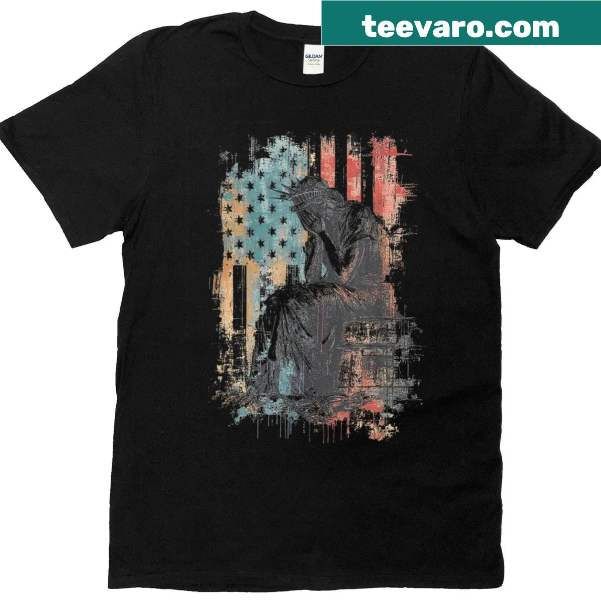 Distressed T-shirt featuring the Statue of Liberty and flag art — on a men's t-shirt