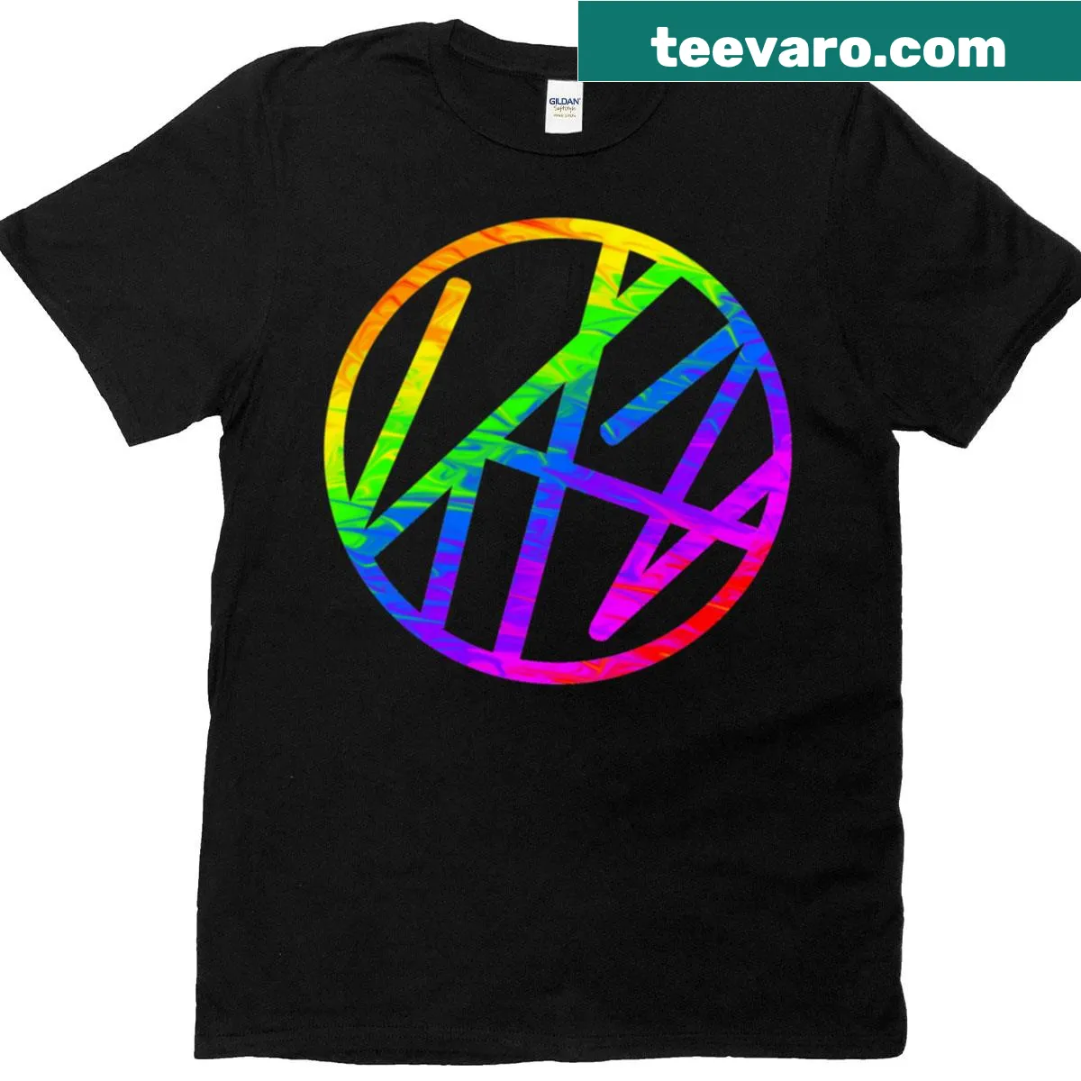Minimalist rainbow logo tee representing Stray Kids band. — on a men's t-shirt