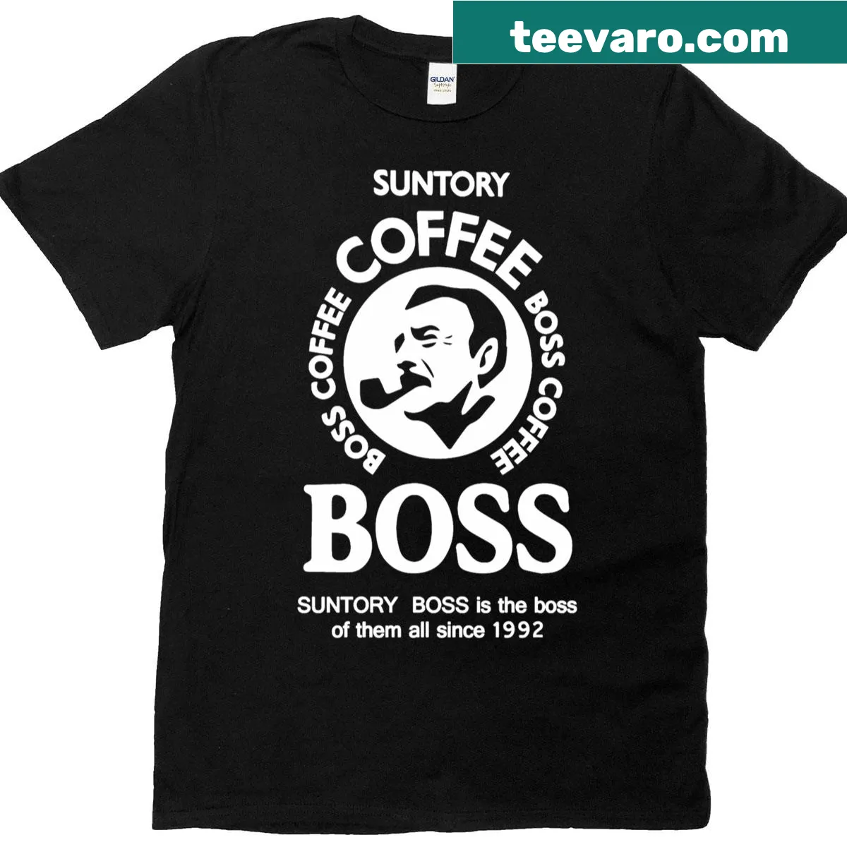 Suntory Boss Coffee T-shirt with clean typography celebrating the brand. — on a men's t-shirt