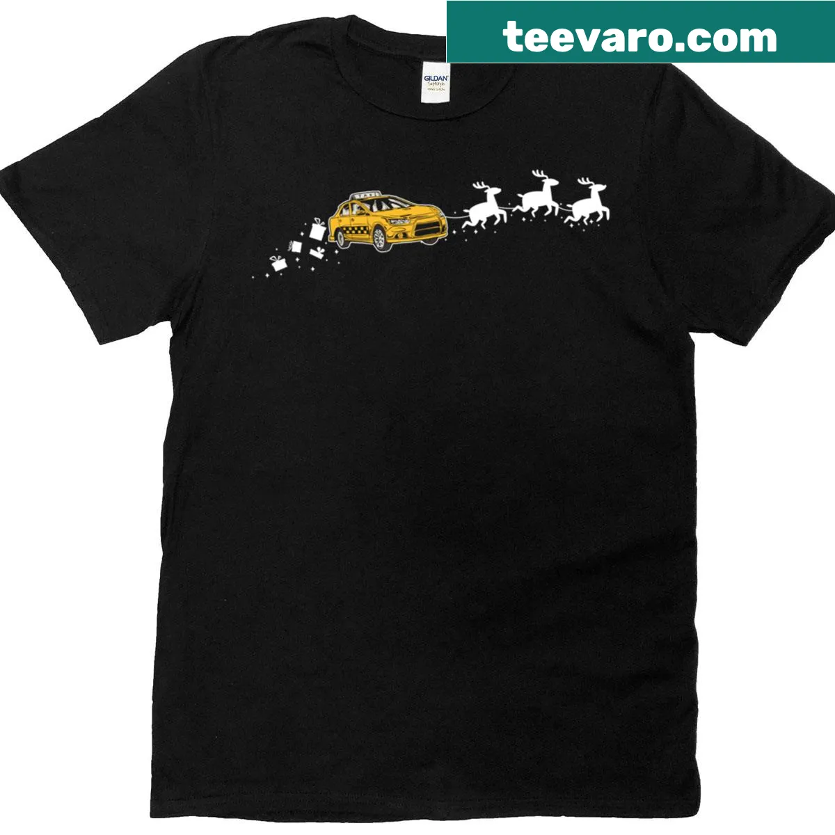 Cartoon design of Santa in a taxi for Christmas humor. — on a men's t-shirt