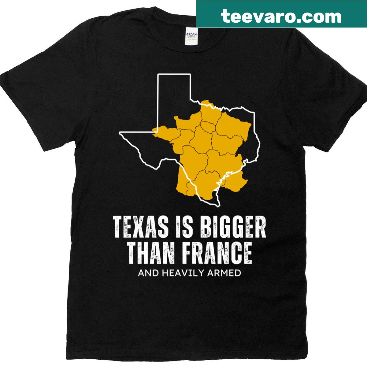 Texas pride T-shirt with the phrase 'Texas Is Bigger Than France And Armed' — on a men's t-shirt