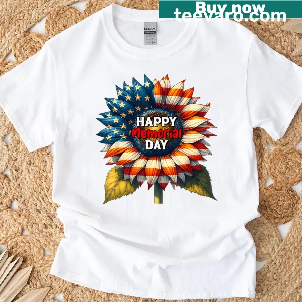 Sunflower and USA flag graphic on a T-shirt for Memorial Day