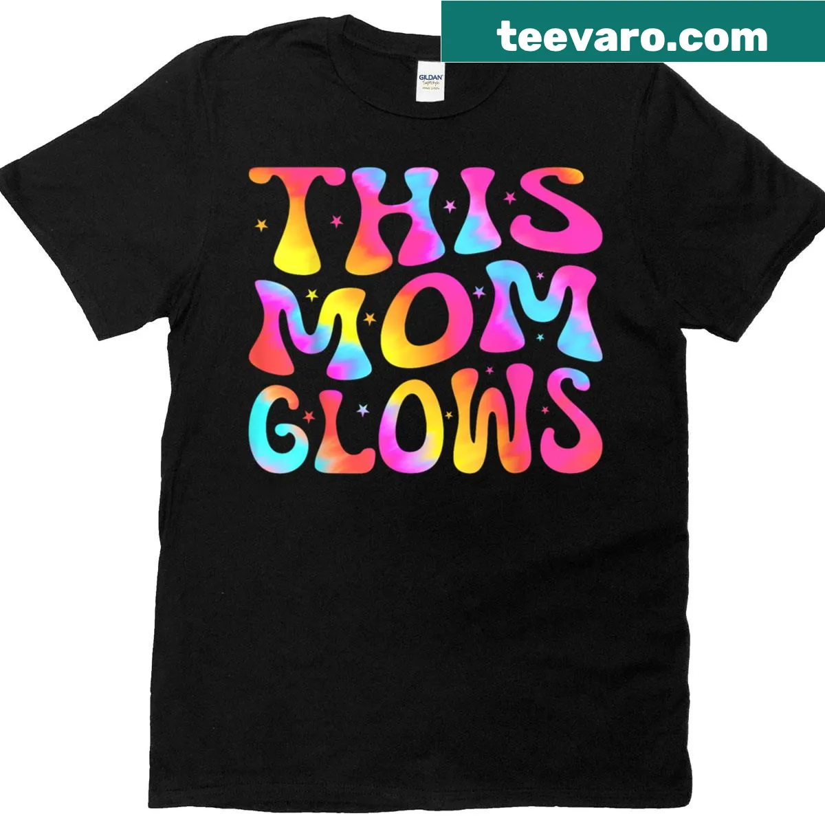Charming t-shirt design celebrating mothers with the phrase 'This Mom Glows'. — on a men's t-shirt