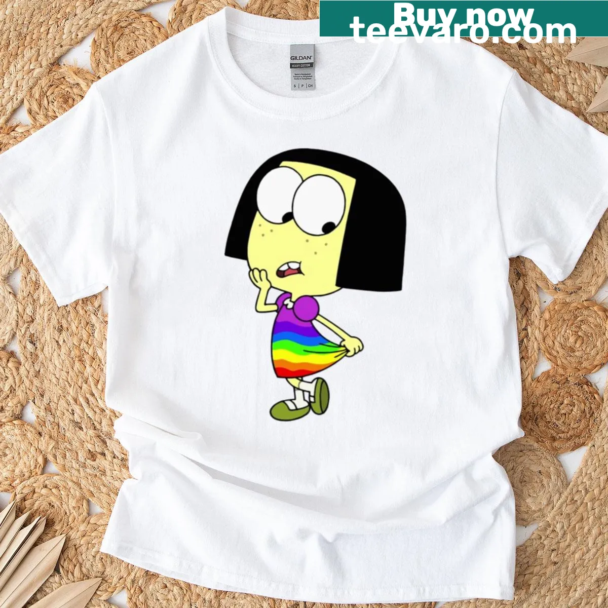 Playful typography on Tilly Green Rainbow Dress t-shirt — on a men's t-shirt