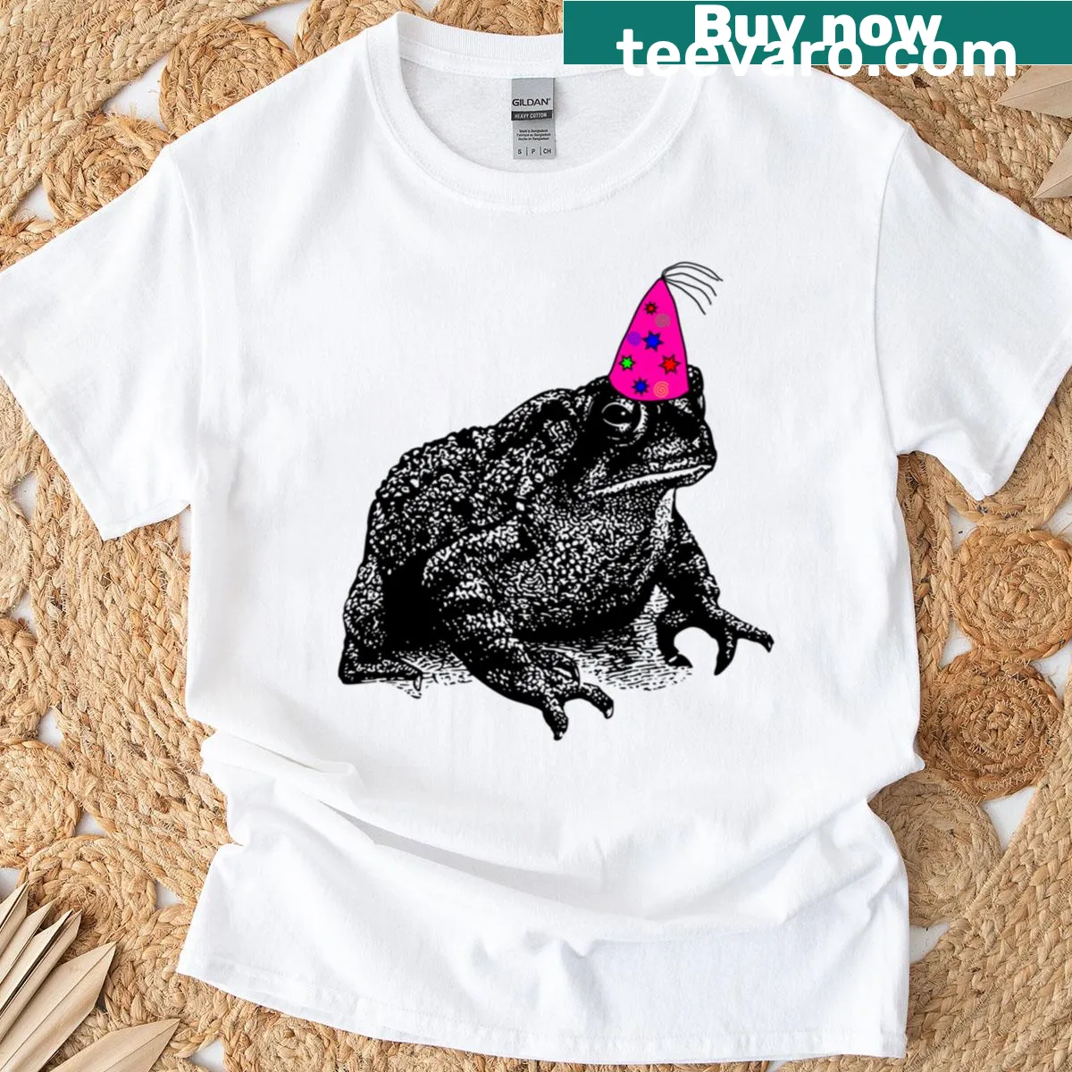 Cartoon toad with a party hat on T-shirt — on a men's t-shirt