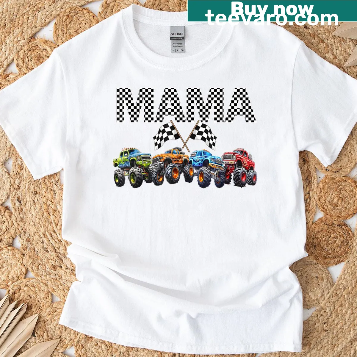 Badge-style graphic featuring a monster truck for Truck Moms — on a men's t-shirt