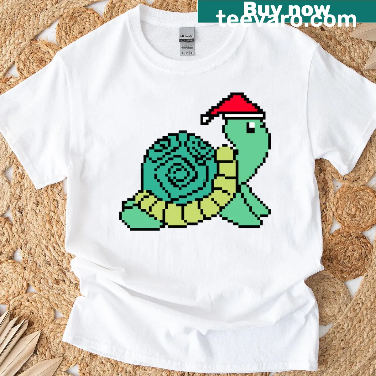 Pixelated turtle design with Christmas elements on a festive t-shirt — on a men's t-shirt