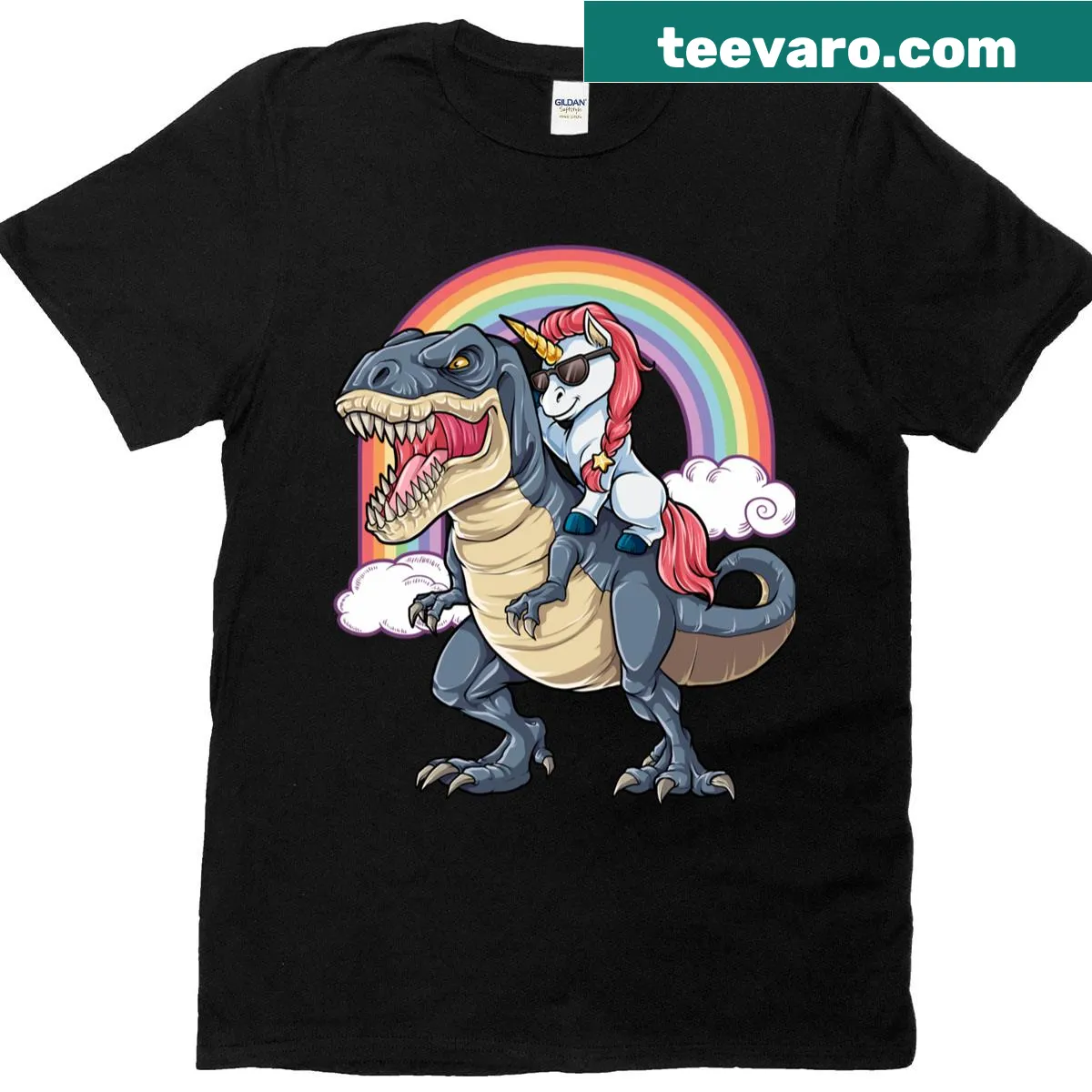 Humorous unicorn riding T-rex graphic for kids t-shirt — on a men's t-shirt