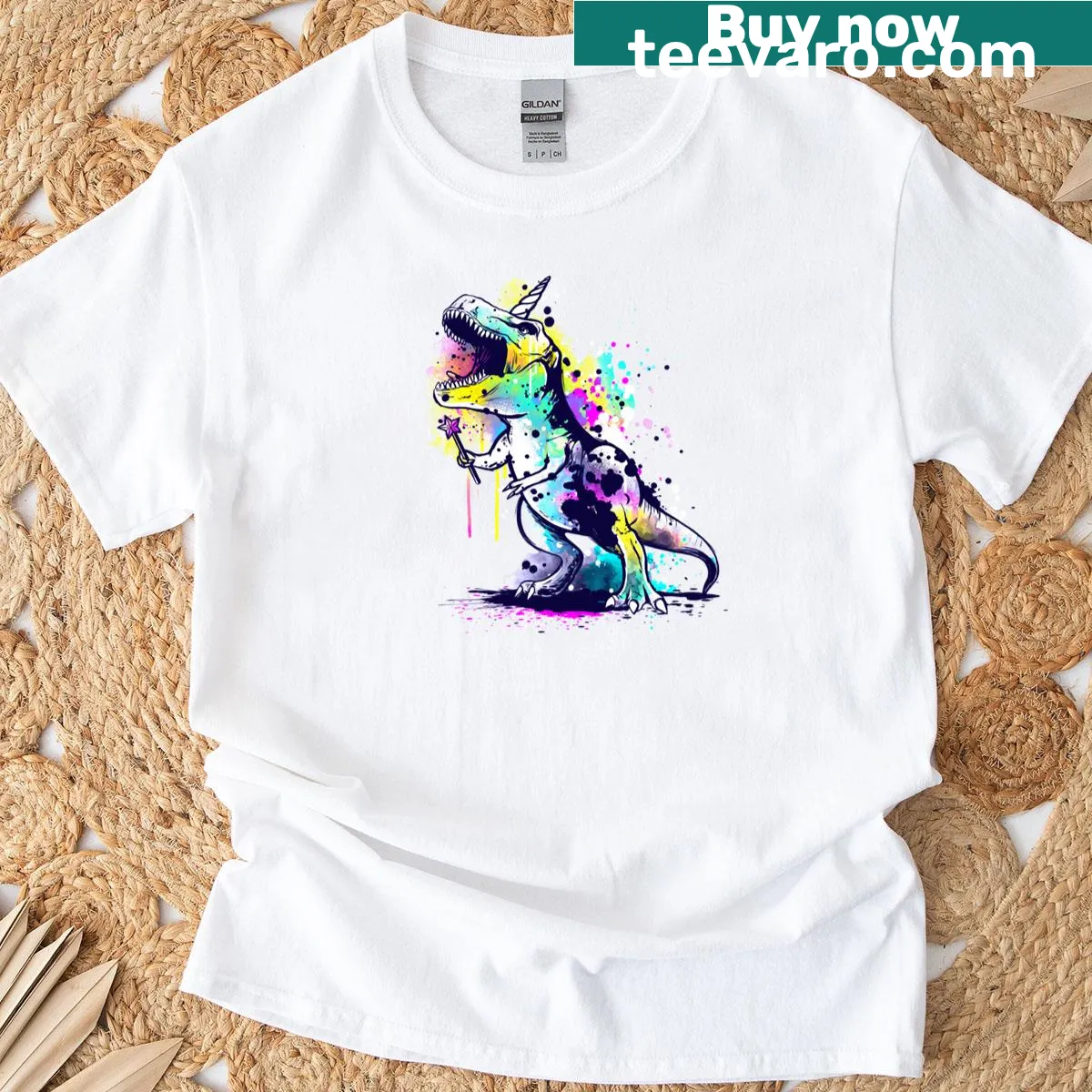 Funny Unicornosaurus Rex cartoon graphic t-shirt — on a men's t-shirt