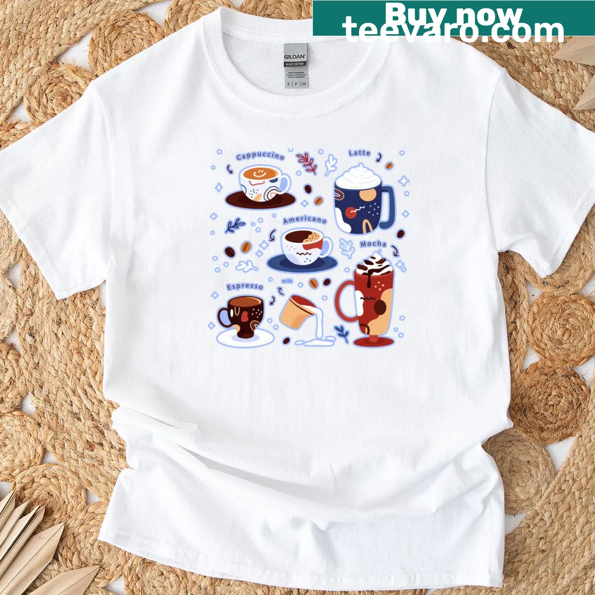 T-shirt featuring a collage of various coffee cups — on a men's t-shirt