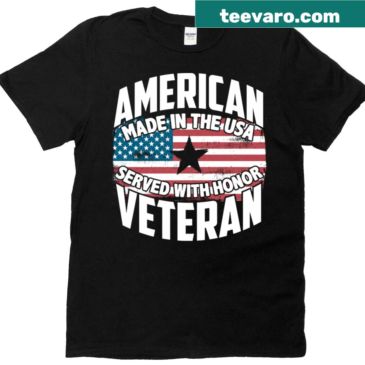 Text celebrating veterans on a T-shirt — on a men's t-shirt