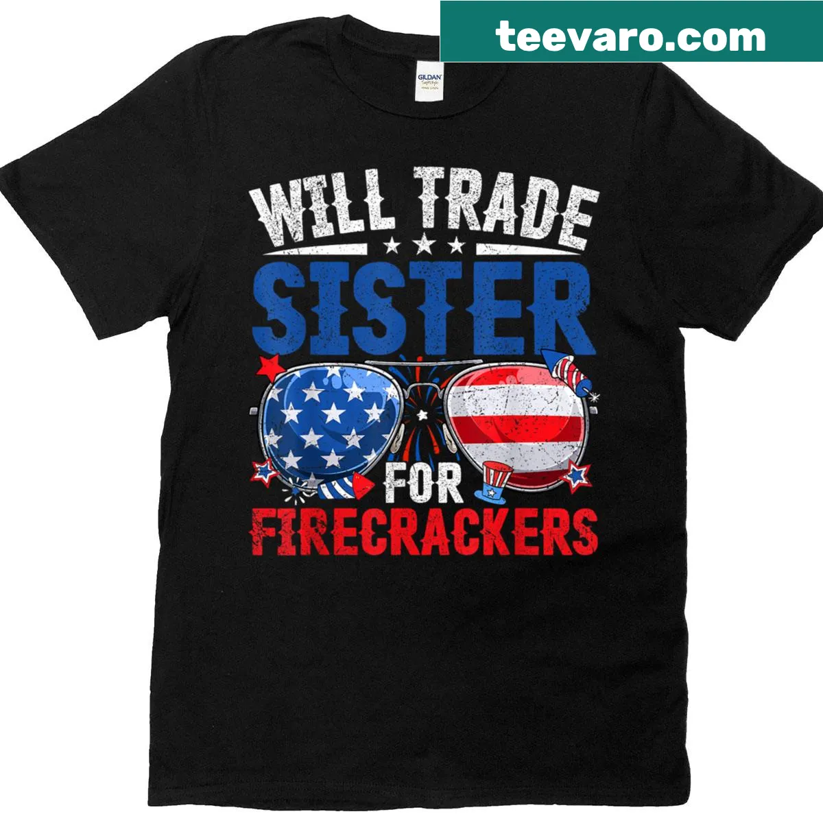 Funny kids t-shirt with 'Will Trade Sister For Firecrackers' text — on a men's t-shirt