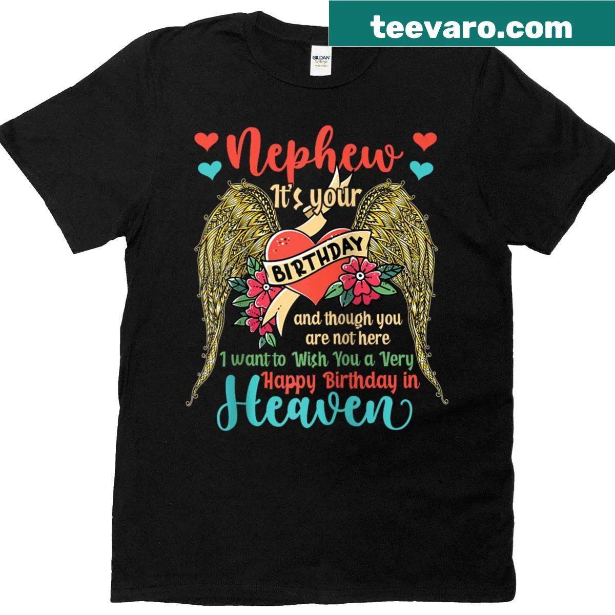 Memorial birthday shirt for nephew in heaven with heartfelt graphic — on a men's t-shirt