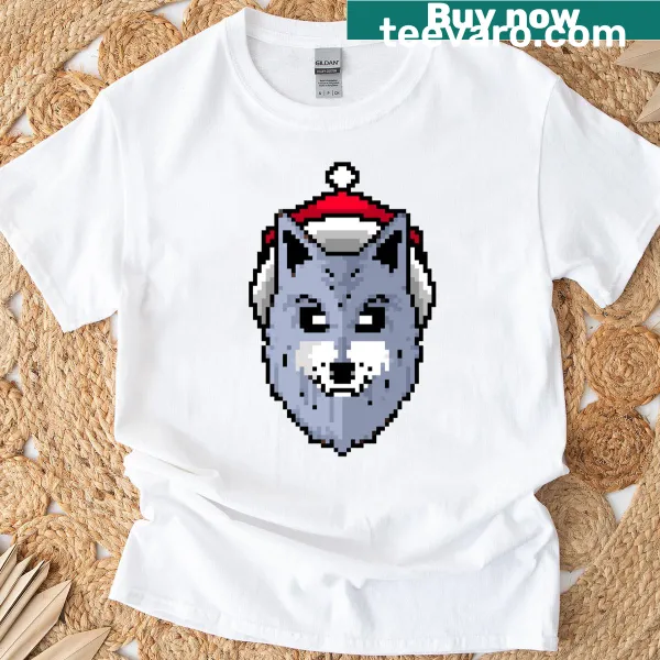 Funny Christmas t-shirt with a pixelated wolf graphic