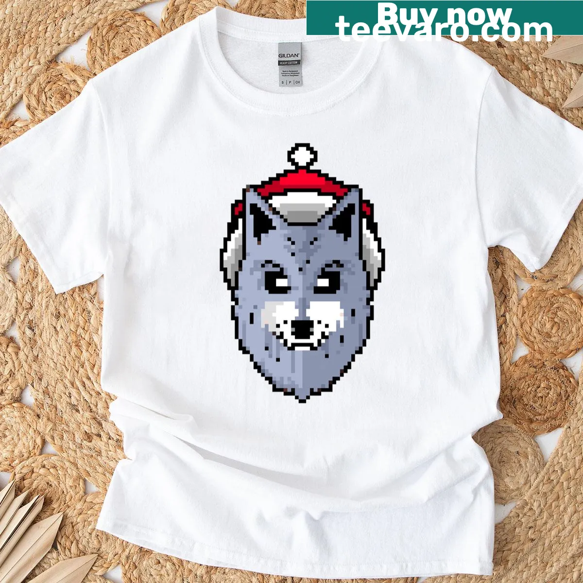 Funny Christmas t-shirt with a pixelated wolf graphic — on a men's t-shirt