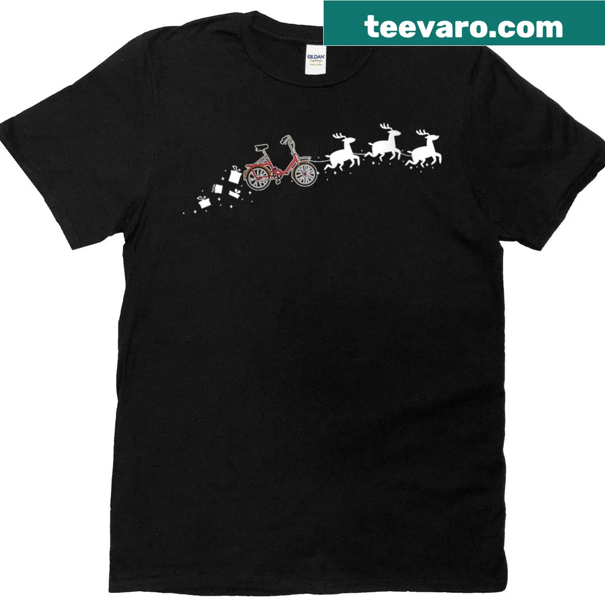 Funny Christmas t-shirt featuring Santa on a bicycle with gifts — on a men's t-shirt