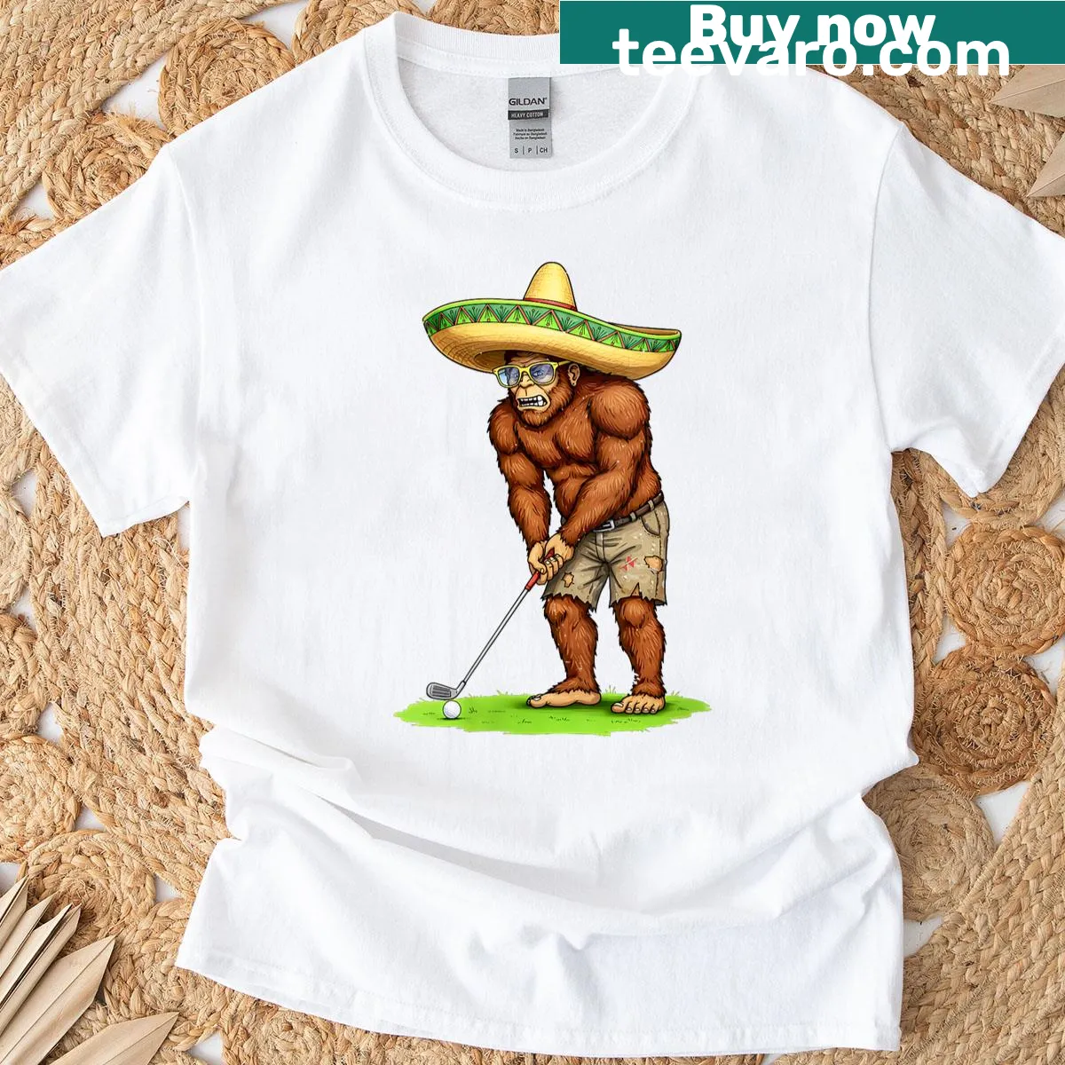 Cartoon Bigfoot golfer design for Cinco De Mayo on a T-shirt — on a men's t-shirt