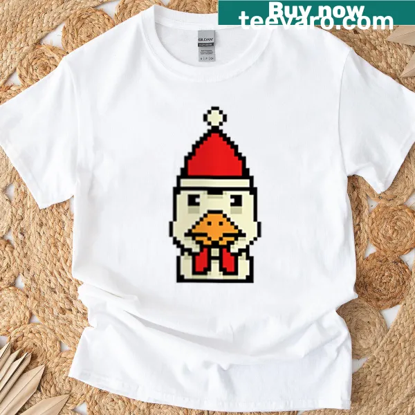 Funny Christmas t-shirt featuring a pixelated cartoon chicken