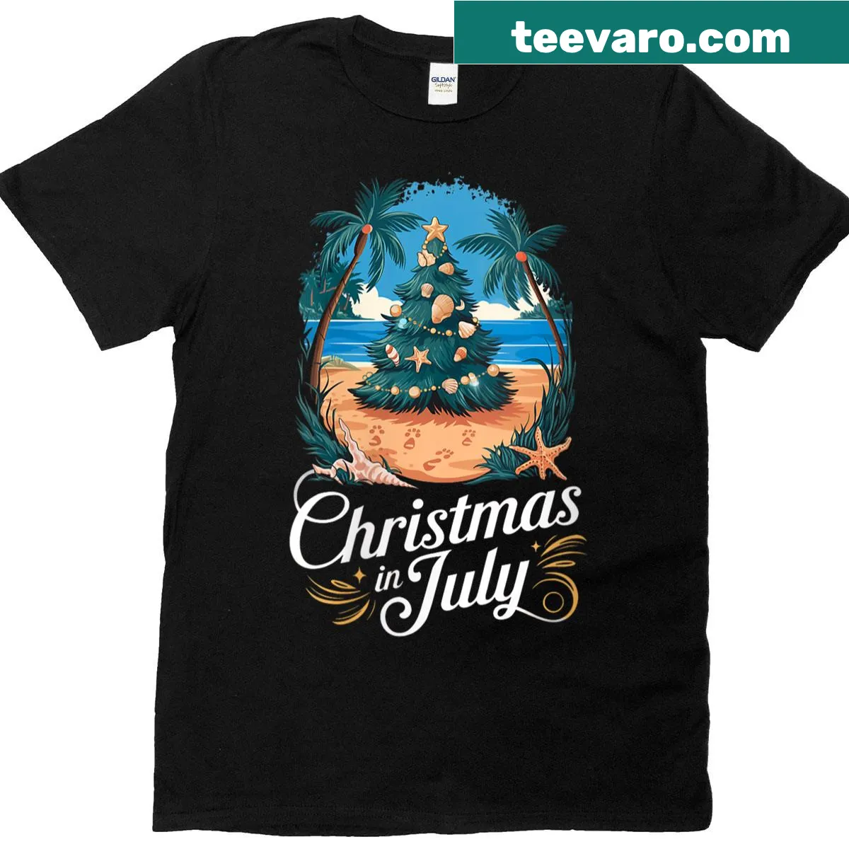 Beach-themed Christmas tree illustration on a summer tee — on a men's t-shirt