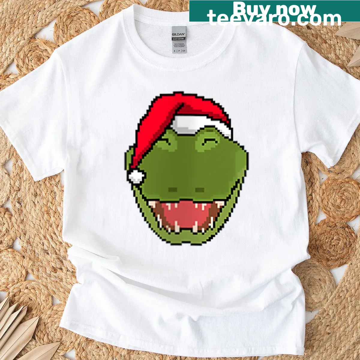 Funny pixelated crocodile Christmas T-shirt — on a men's t-shirt
