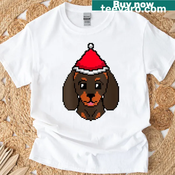 Funny pixelated dachshund Christmas graphic on women's T-shirt