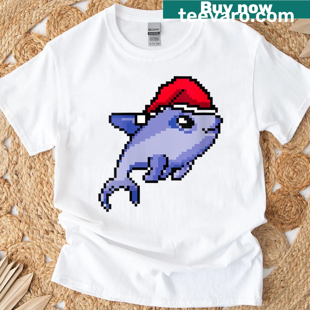 Pixelated dolphin graphic for a funny Christmas t-shirt — on a men's t-shirt