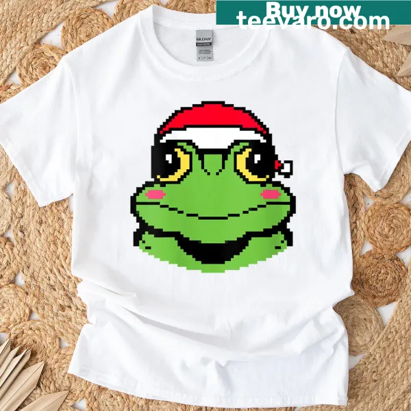 Funny frog Christmas t-shirt with pixelated design and Santa hat
