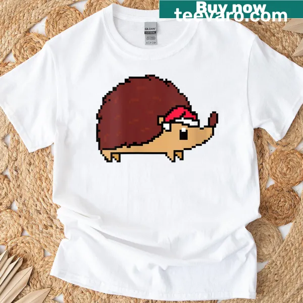 Funny Christmas t-shirt featuring a pixelated hedgehog design
