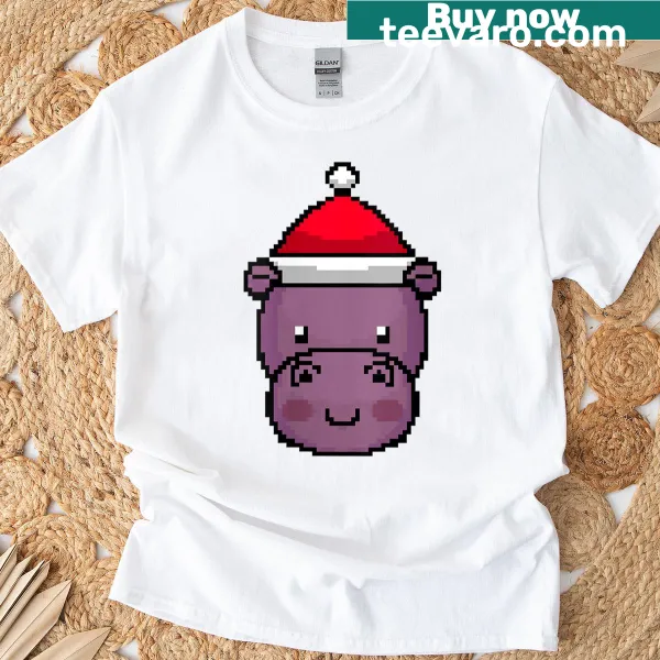 Funny pixelated hippo graphic for Christmas on a women's T-shirt