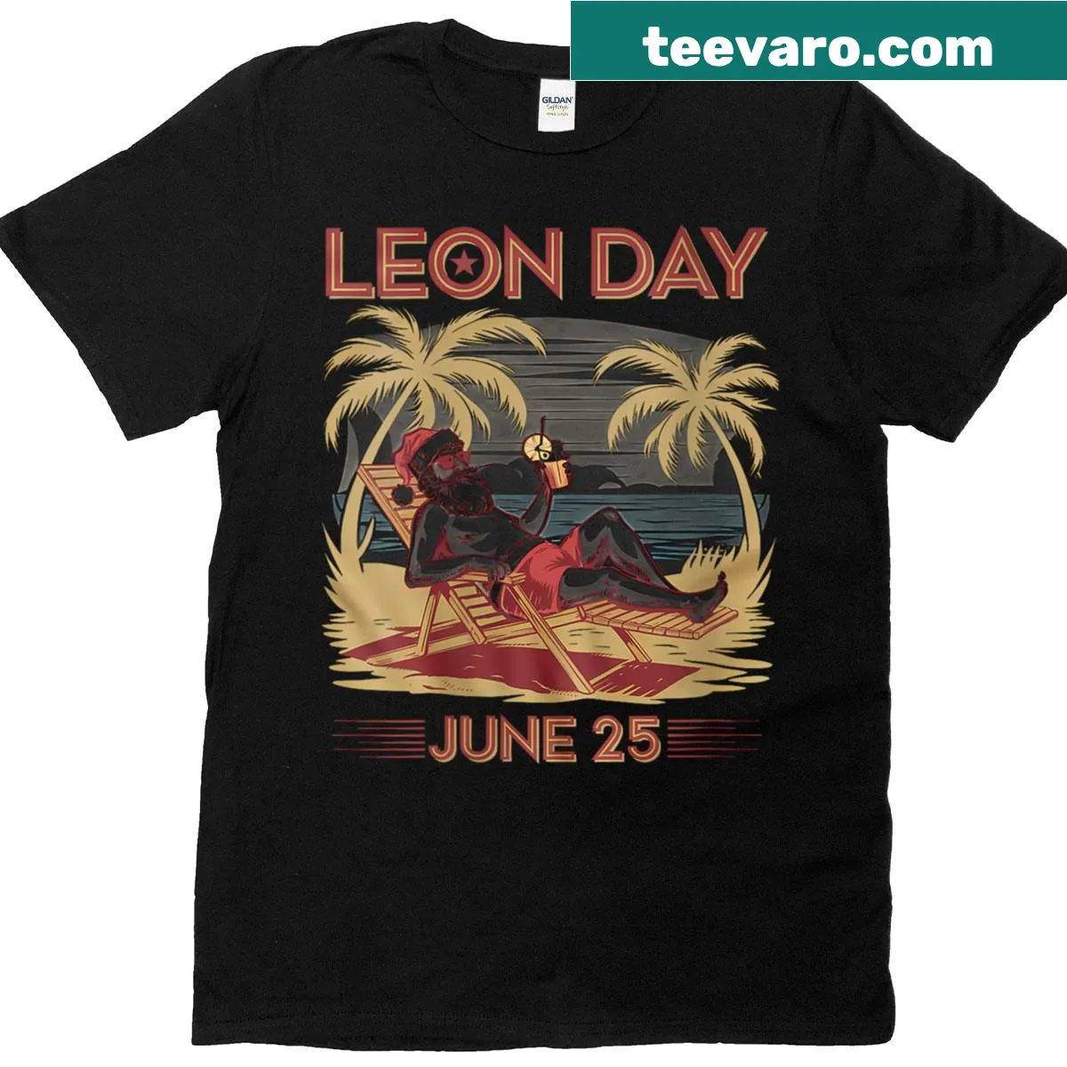 Santa on the beach for Leon Day T-shirt — on a men's t-shirt