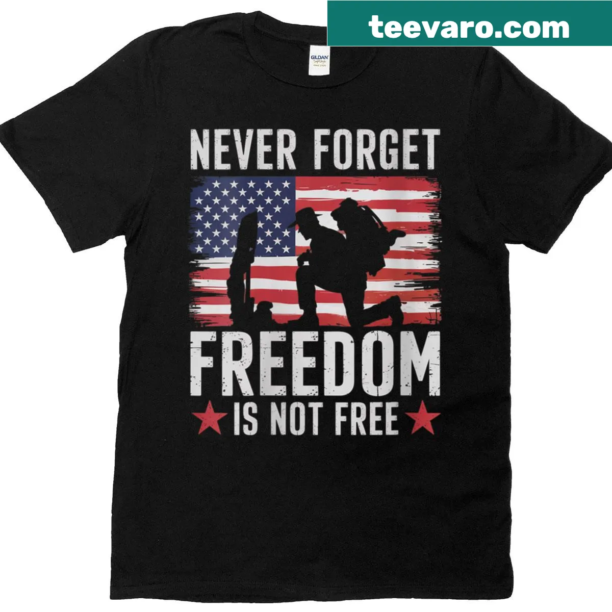 Patriotic Memorial Day T-shirt with 'Never Forget' text — on a men's t-shirt