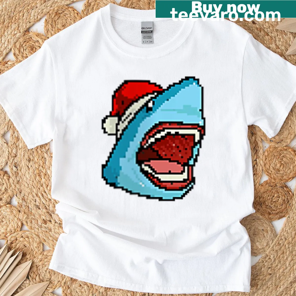 Pixelated shark graphic on women's Christmas t-shirt — on a men's t-shirt
