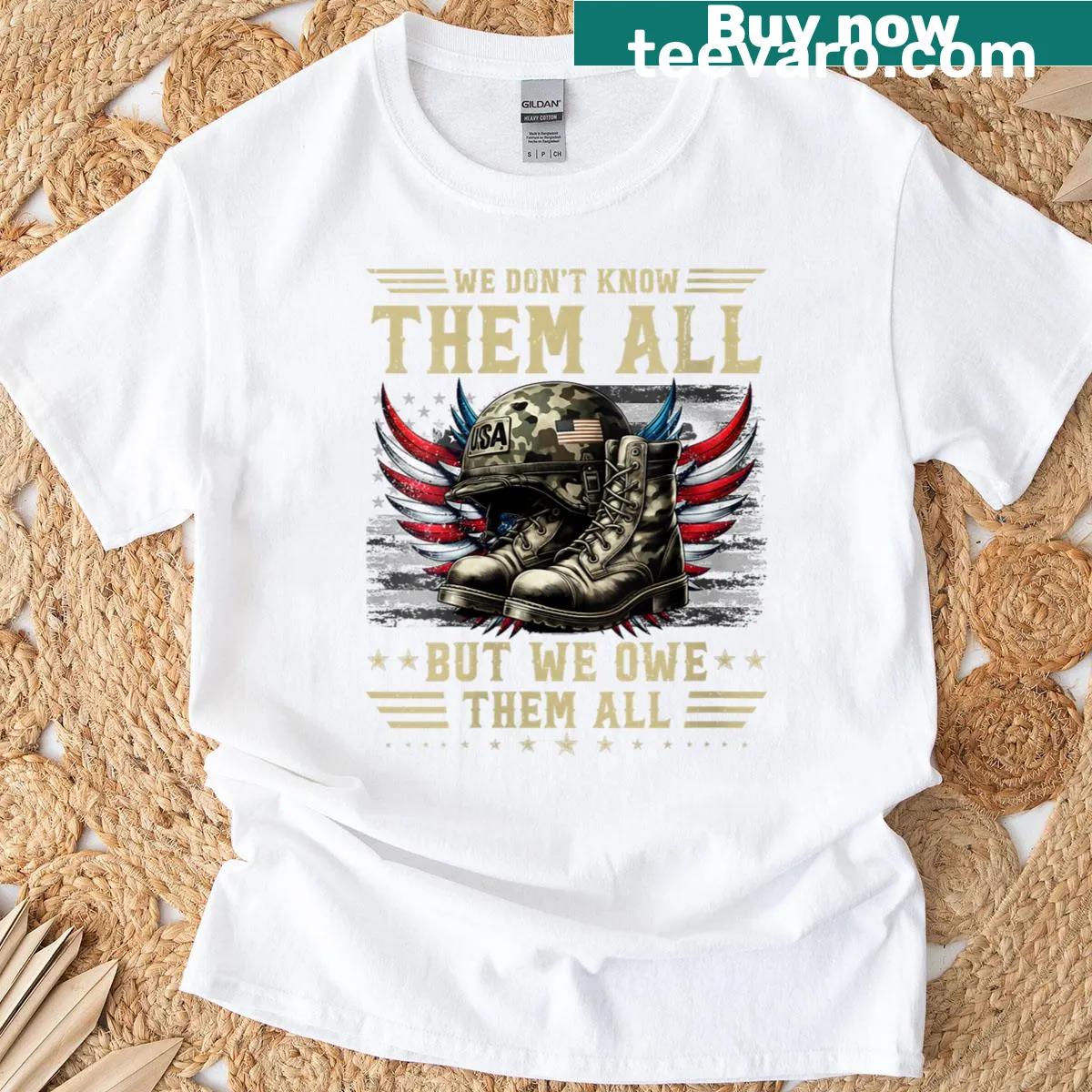 Memorial Day T-shirt stating 'We Don't Know Them All But We Owe Them All'. — on a men's t-shirt