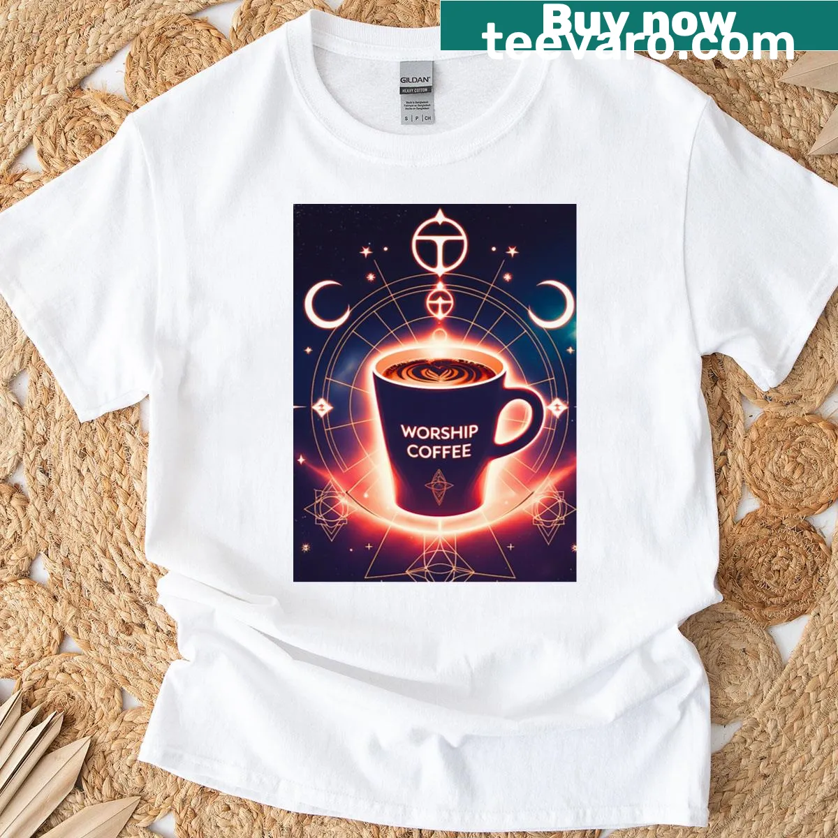 Hand-lettered T-shirt featuring 'Worship Coffee' text — on a men's t-shirt