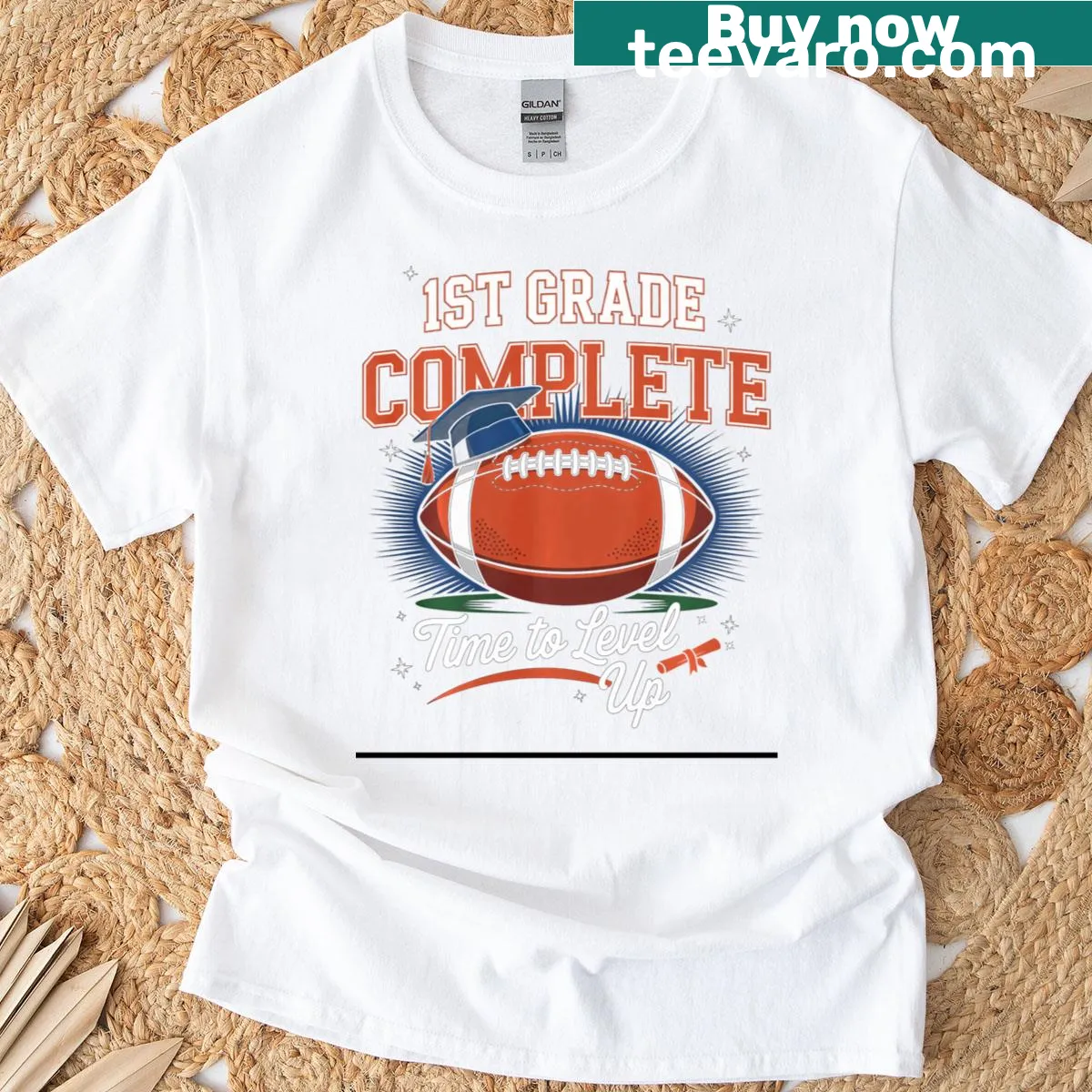 T-shirt celebrating 1st grade completion with football graphic — on a men's t-shirt