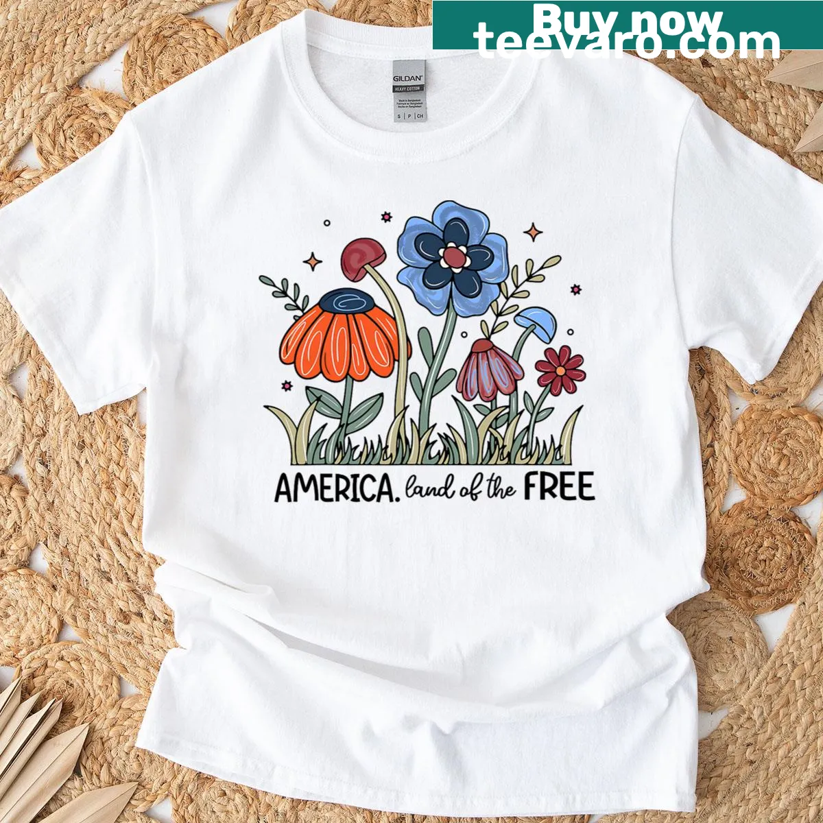 Retro boho T-shirt with floral design and 'Land of the Free' text — on a men's t-shirt