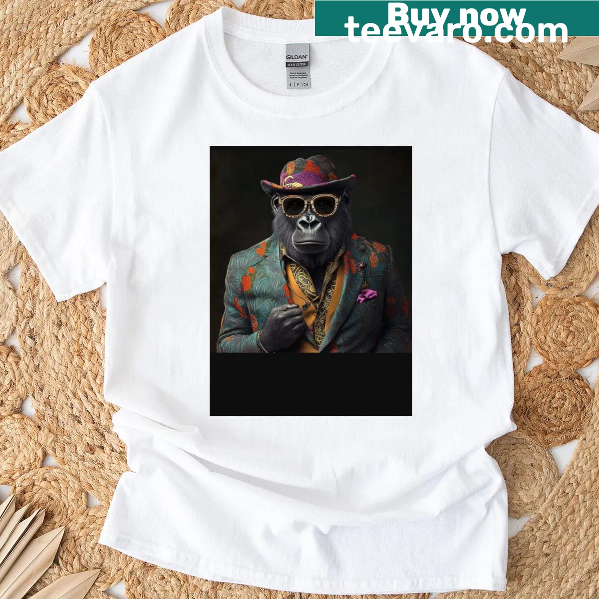 Illustration of a gorilla styled like a Nigerian gangster on a long T-shirt — on a men's t-shirt