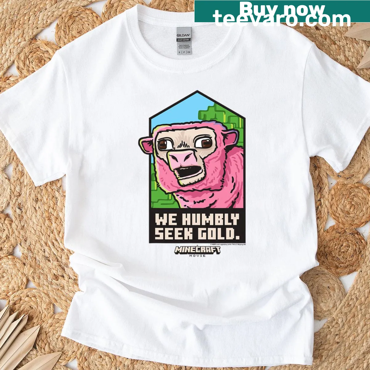 Minecraft-inspired T-shirt with pink sheep and gold graphic — on a men's t-shirt