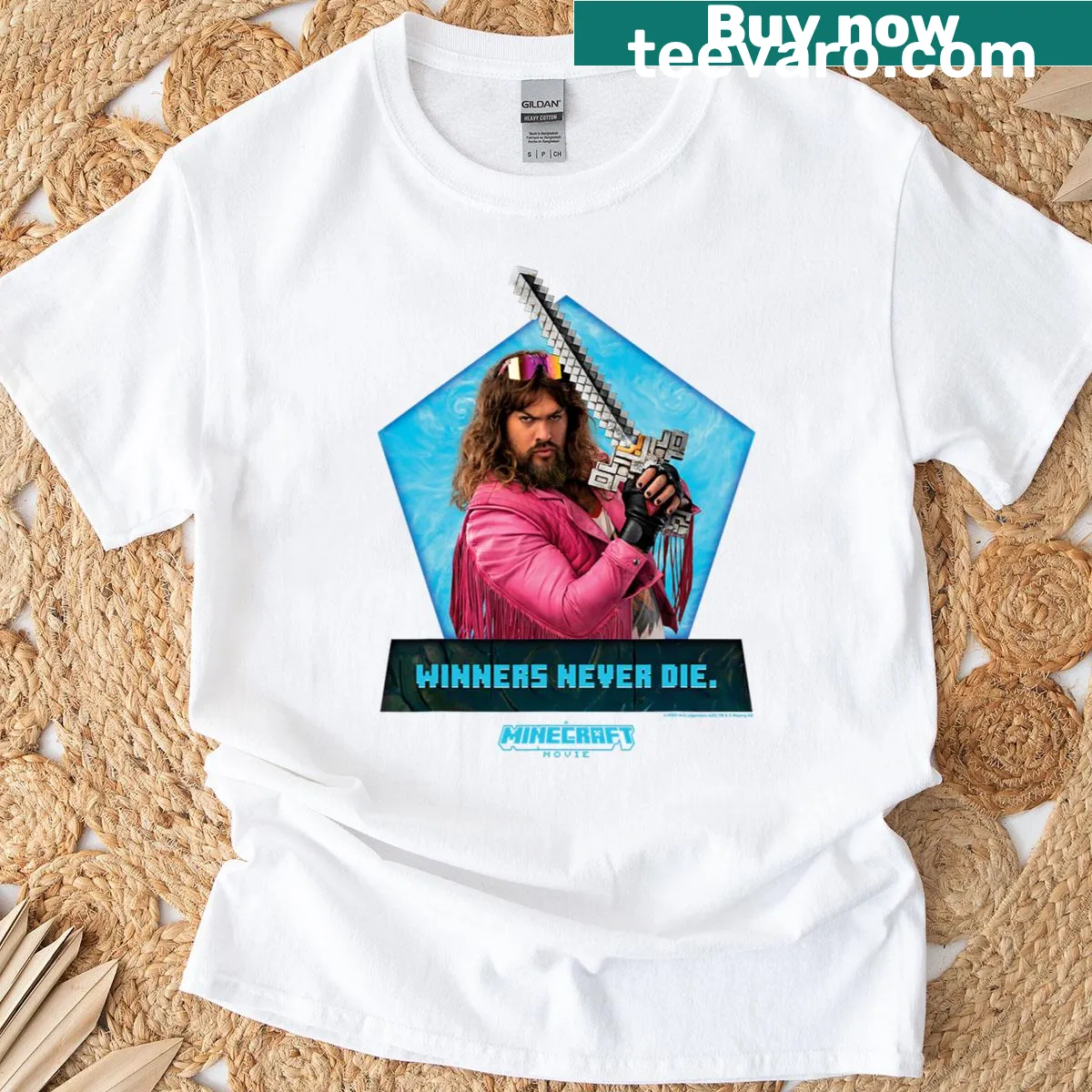T-shirt featuring Garrett the Garbage Man and 'Winners Never Die' text — on a men's t-shirt