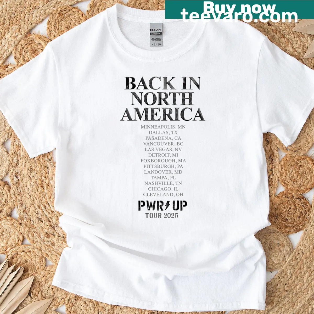 Vintage T-shirt featuring AC/DC 'Back in Black' and 2025 tour details — on a men's t-shirt