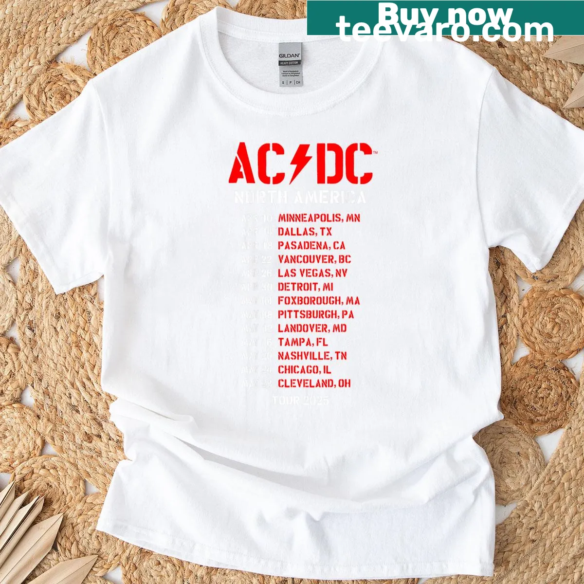 T-shirt featuring AC/DC tour date typography for North America 2025 — on a men's t-shirt