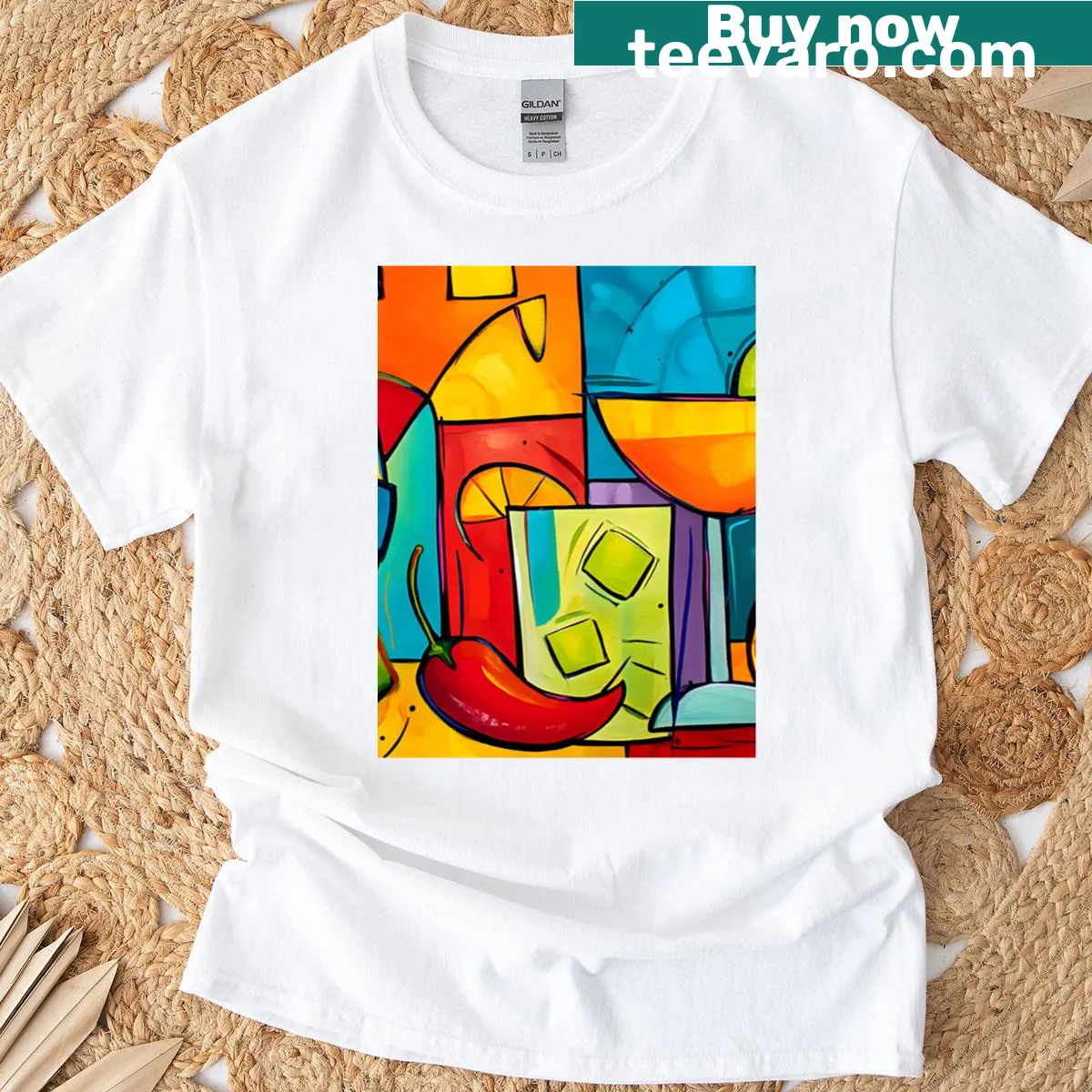 T-shirt featuring a playful illustration of a cocktail glass with fruits and chili pepper — on a men's t-shirt