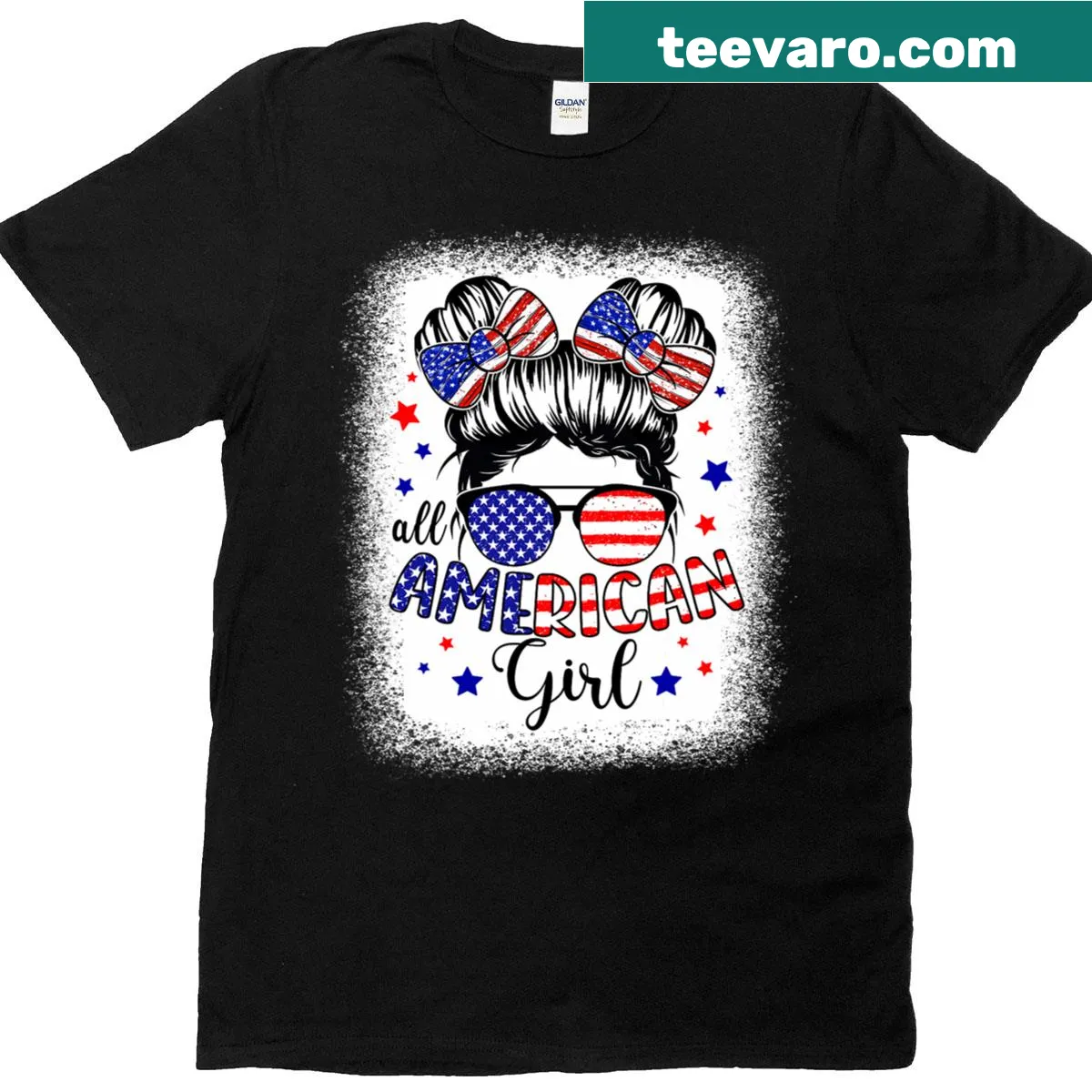 T-shirt with 'All American Girl' text and messy bun illustration for kids — on a men's t-shirt
