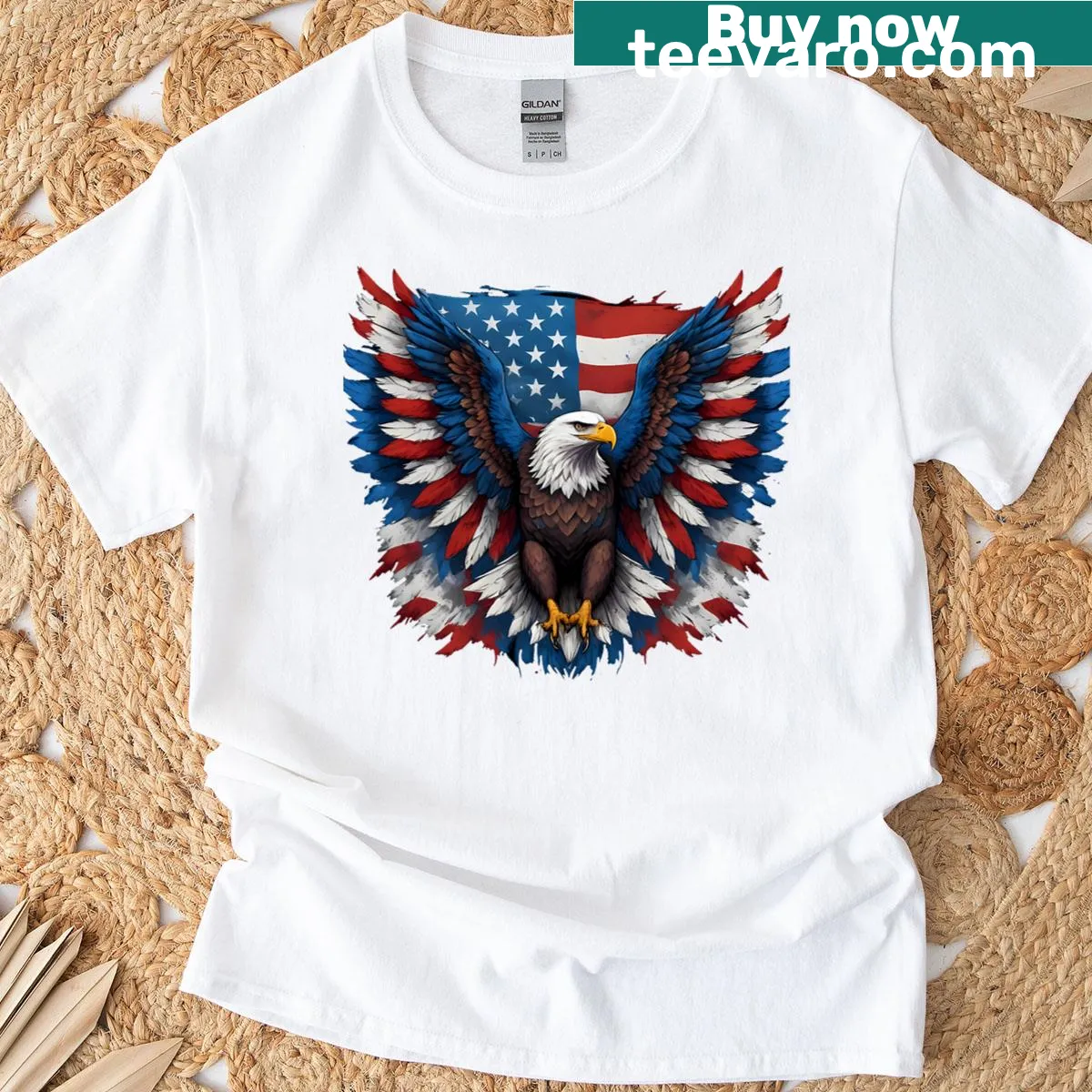 T-shirt featuring American flag and bald eagle design — on a men's t-shirt